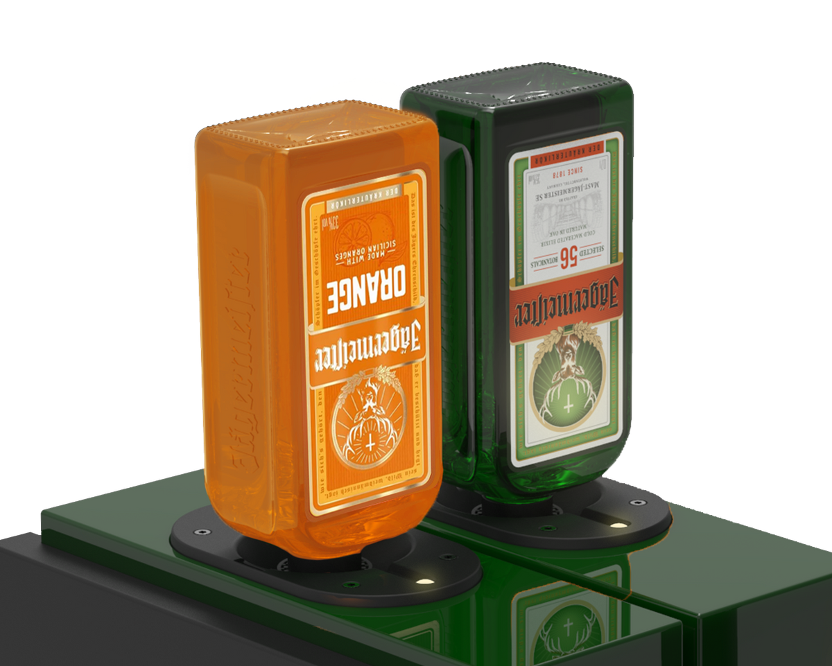 close up of Jägermeister Core and Jägermeister Orange inserted in the dual tap machine