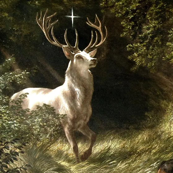 A classical painting depicting a knight on a dark horse in a forest, accompanied by dogs, with a white stag standing on the left under a glowing star.