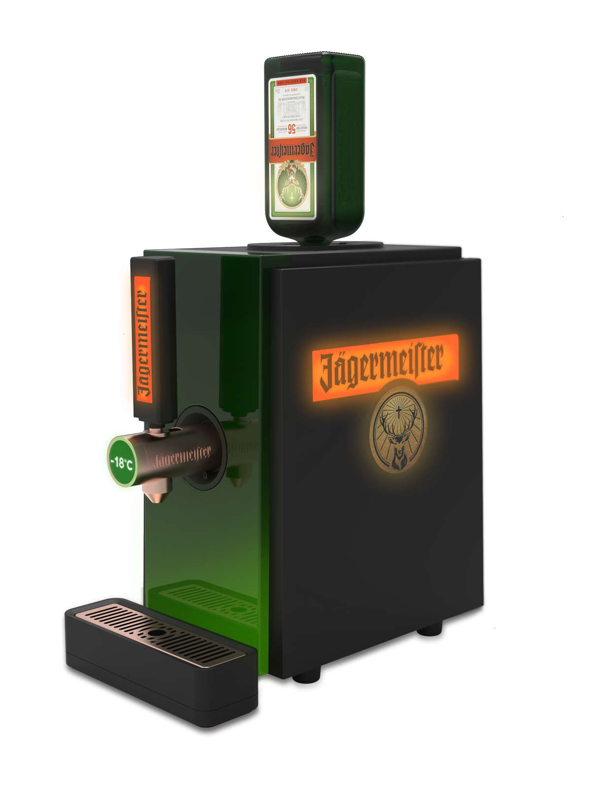 Máquina tap de Jägermeister con diseño verde y negro.