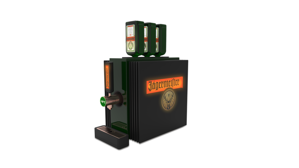 A Jägermeister branded machine or dispenser shown on a plain white background. The product is predominantly black with green panels and illuminated orange branding, including three tall green bottles mounted on top.