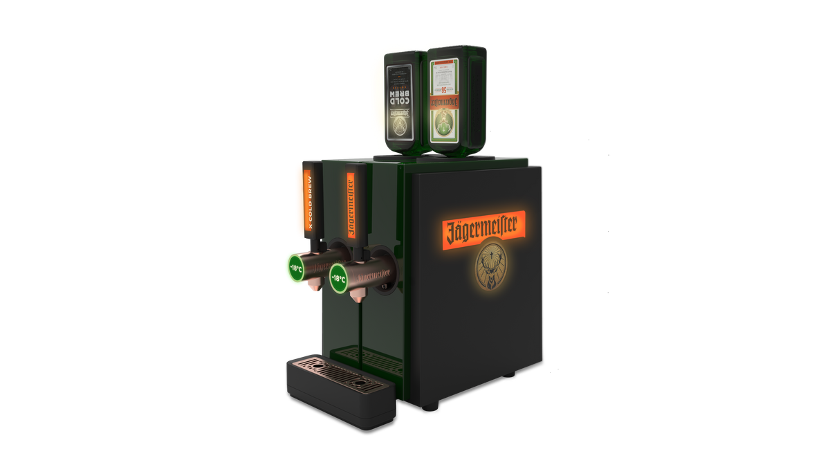 A Jägermetter tap machine in black and dark green with orange accents, featuring two beverage dispensers.