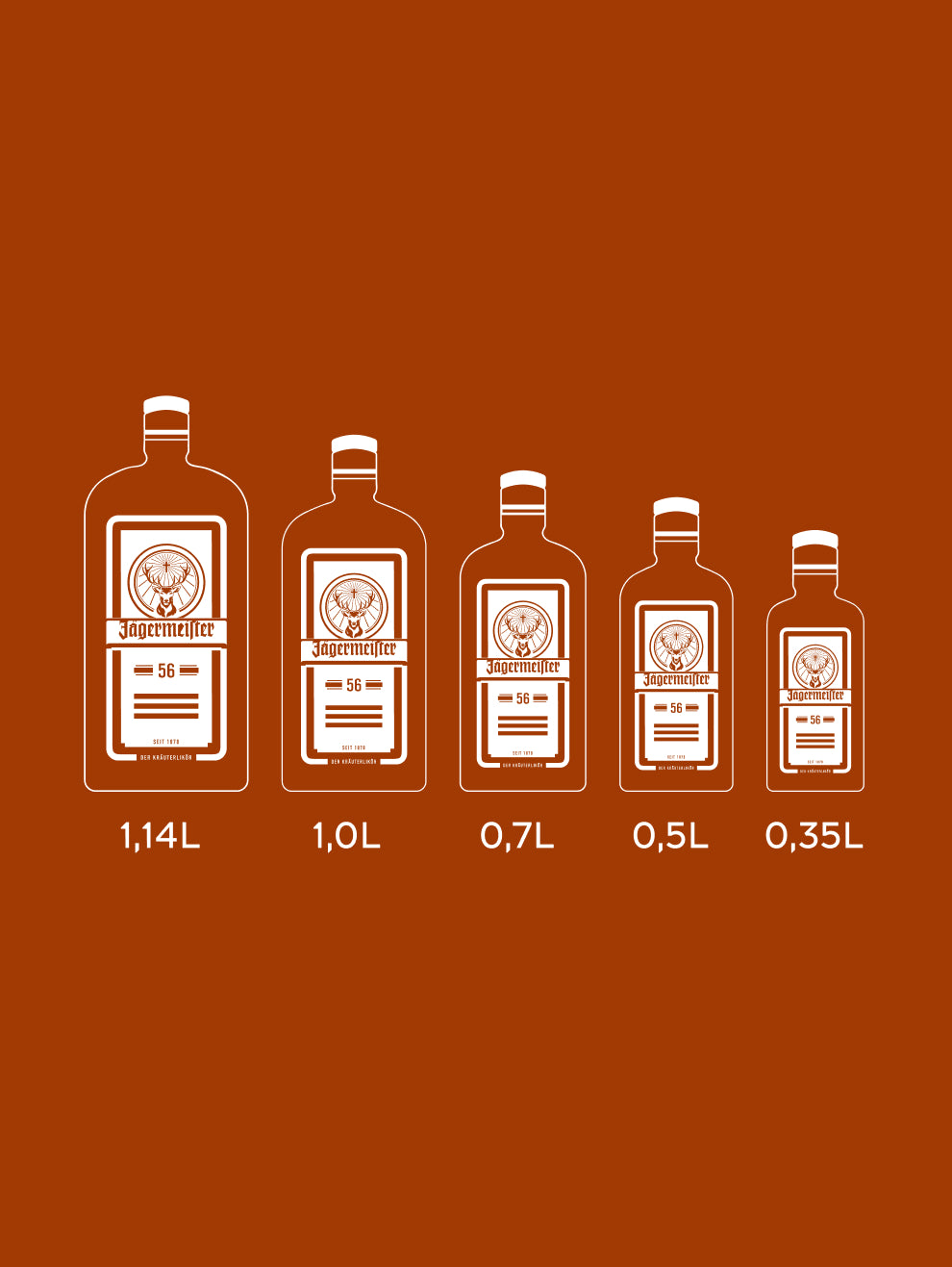 White Jägermeister bottles in different sizes on orange background