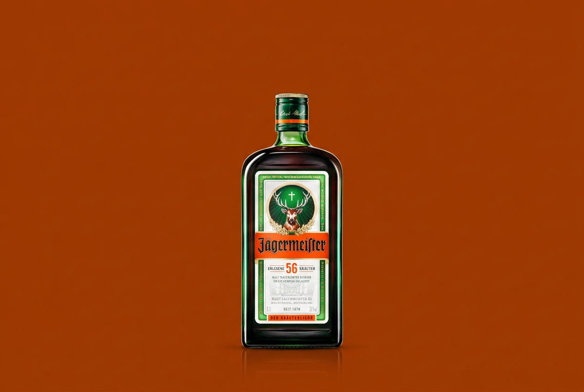 A bottle of Jagermeister centered against a solid, warm orange-brown background.
