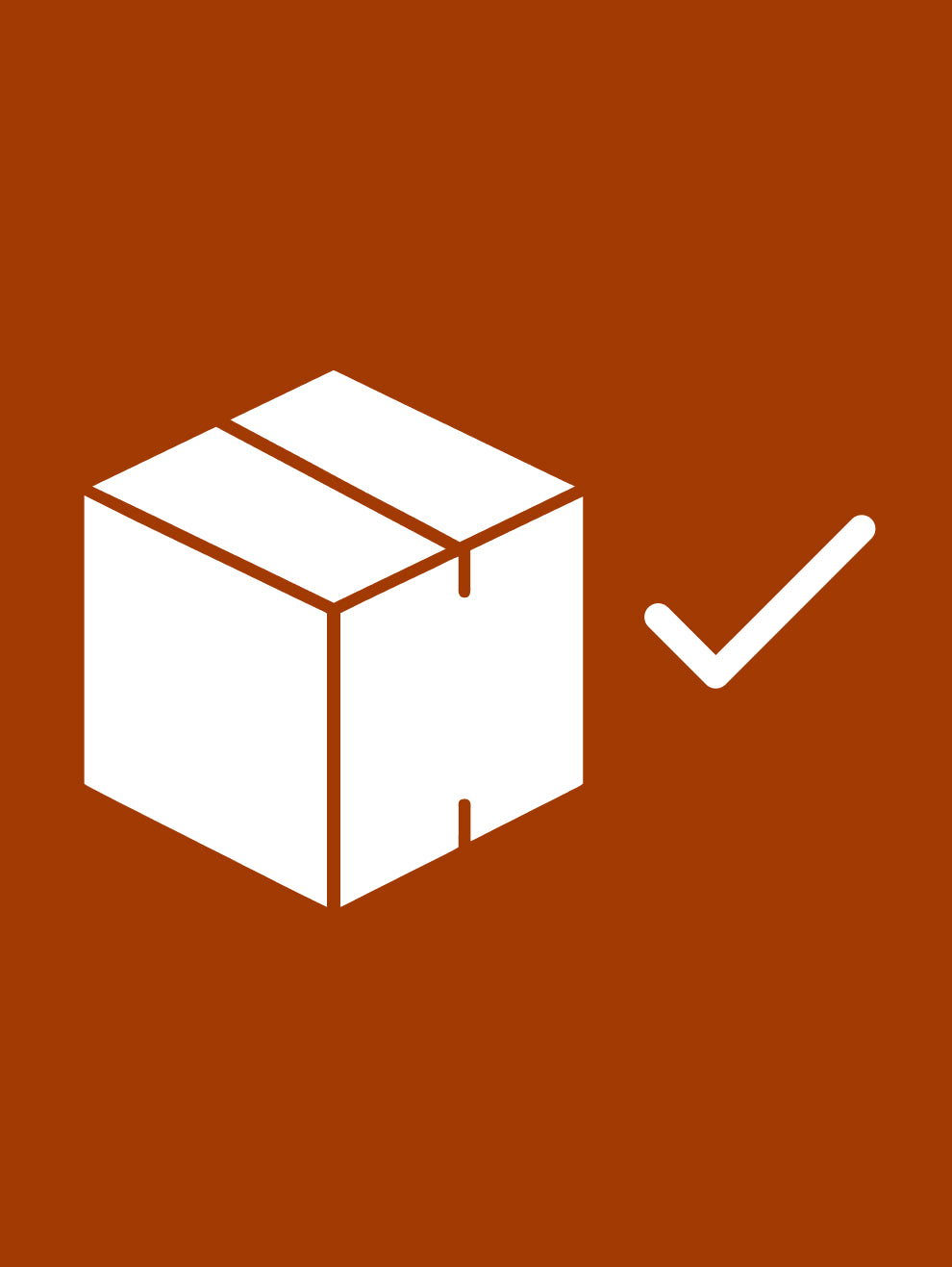 A simple graphic icon showing a white cardboard box with a checkmark on a solid brown background.