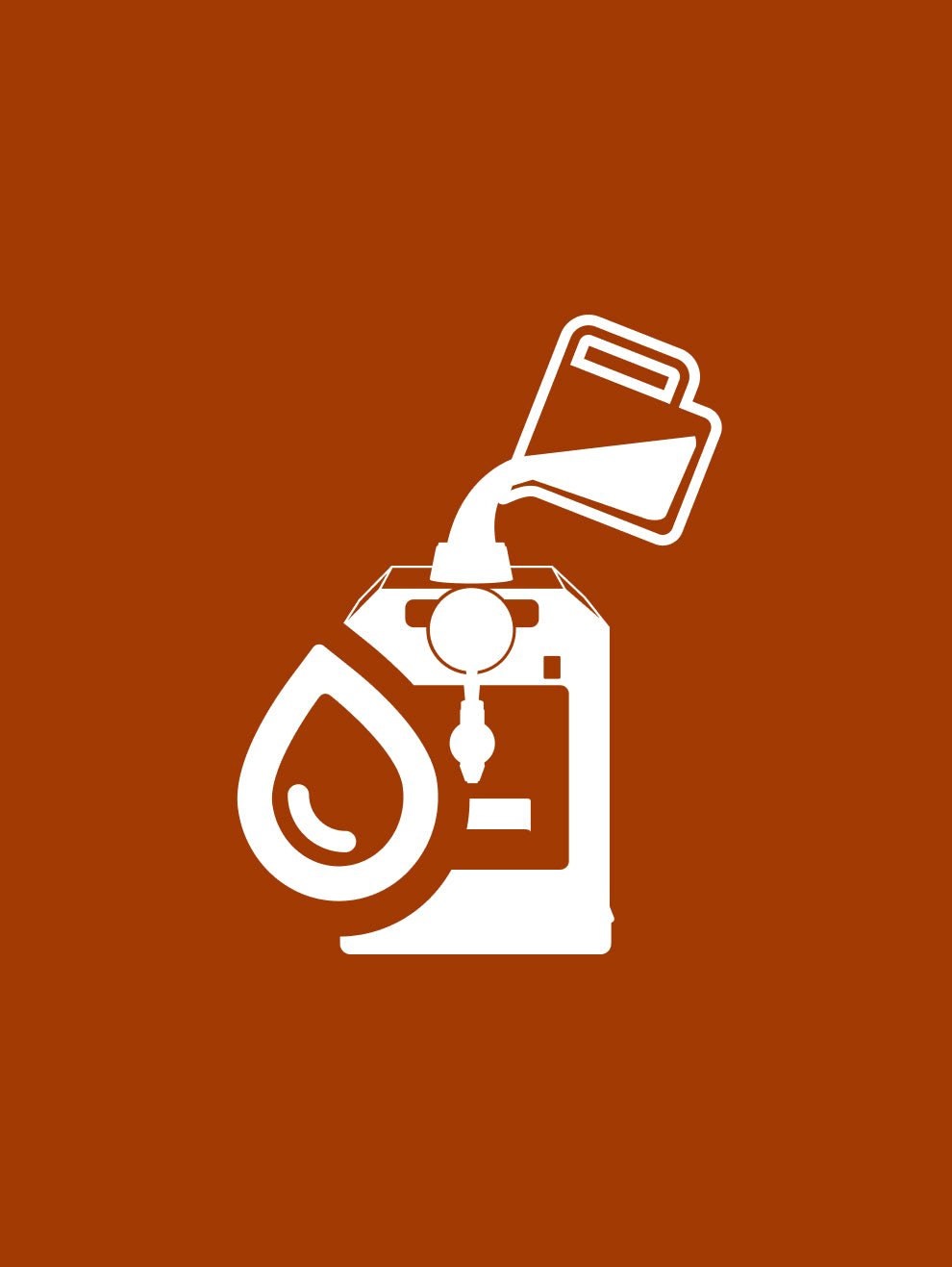 An icon on a brown background showing a white outline drawing of a machine into which liquid is being poured from a container, with a water drop symbol next to it.