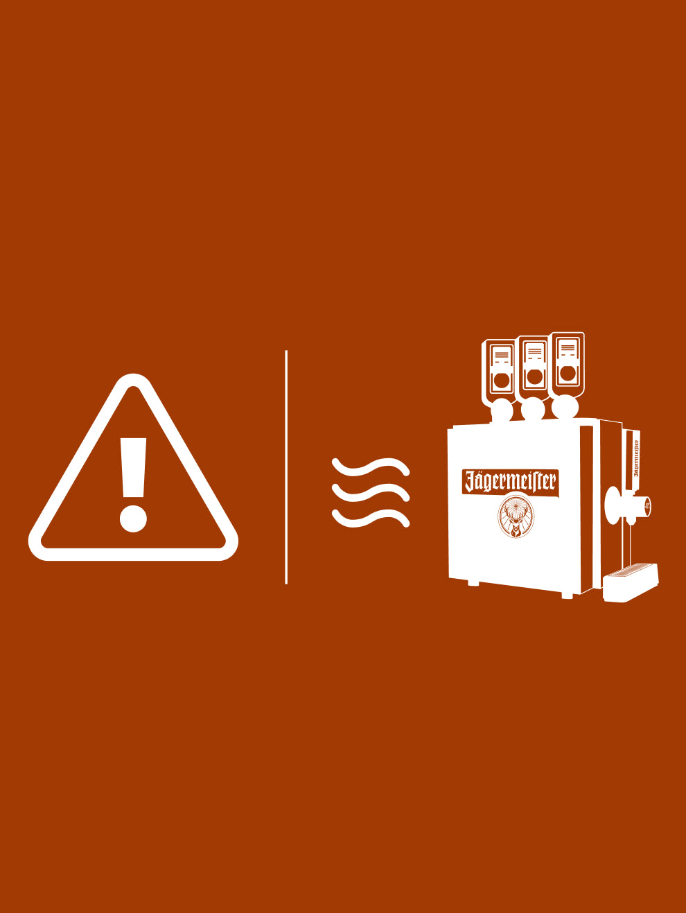 An orange background shows a white warning triangle with an exclamation mark, a wavy air symbol, and a Jägermeister dispenser, indicating the need for proper ventilation.