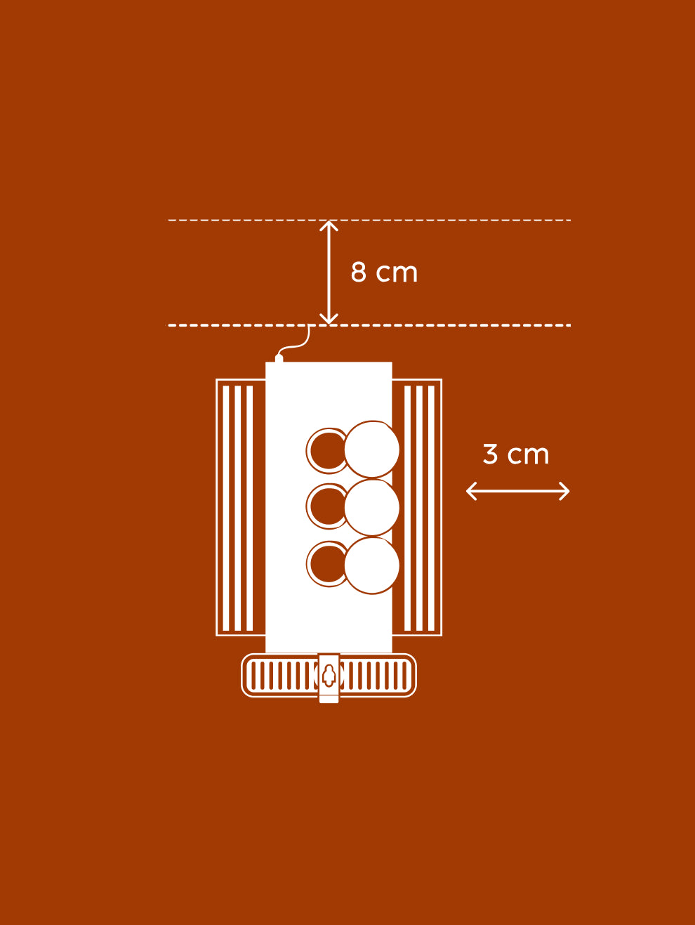An orange background displays a white diagram of a Jägermeister dispenser with arrows indicating a minimum of 8 cm clearance from the top and 3 cm from the sides.