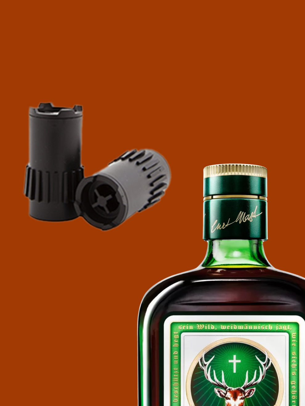 Non-refillable bottle opening and suitable bottle stopper in black shown next to a Jägermeister bottle cap on an orange-brown background.