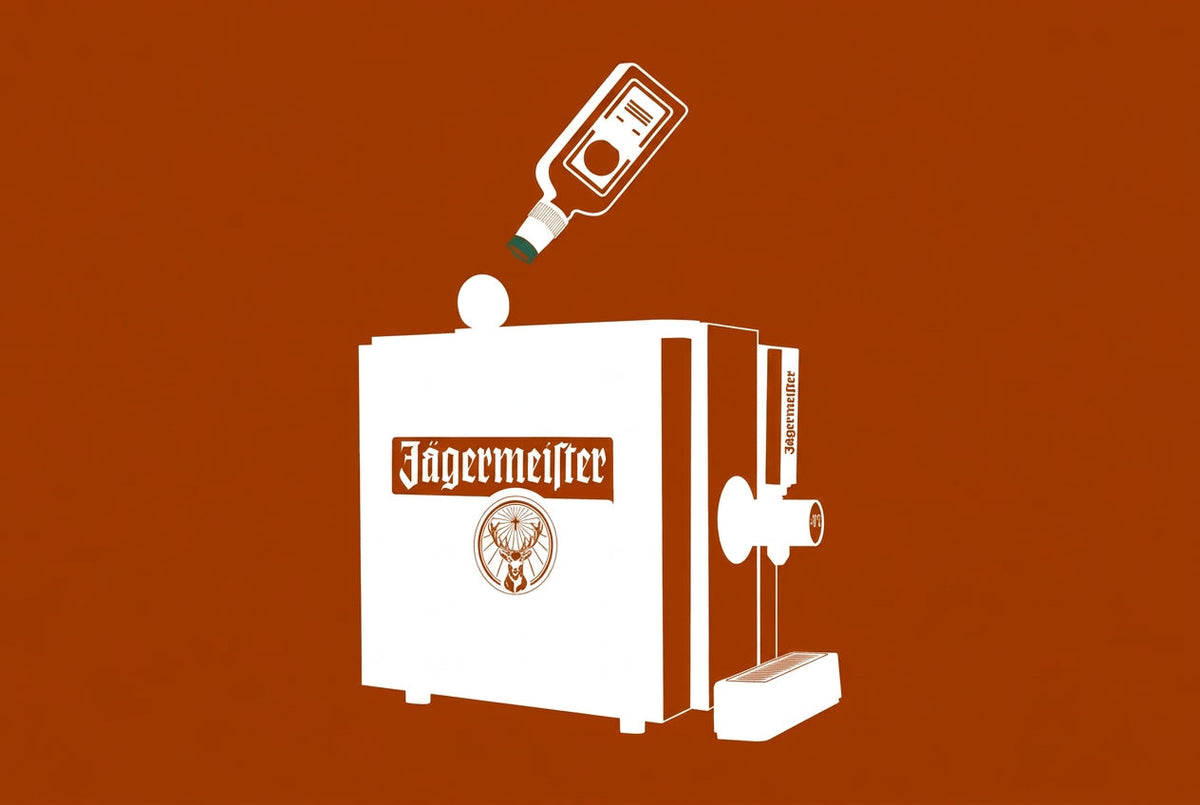 A white silhouette diagram of a Jägermeister tap machine on a brown background, showing an inverted bottle with a green-tipped stopper being inserted into the top port of the machine.