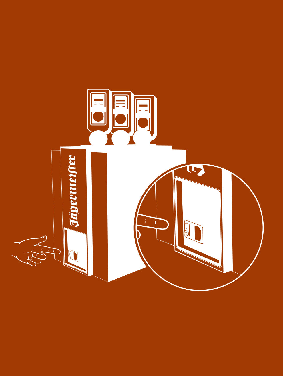 An orange background displays a white diagram of a Jägermeister dispenser. A hand points to a button on the front, with a magnified inset showing the button in detail.