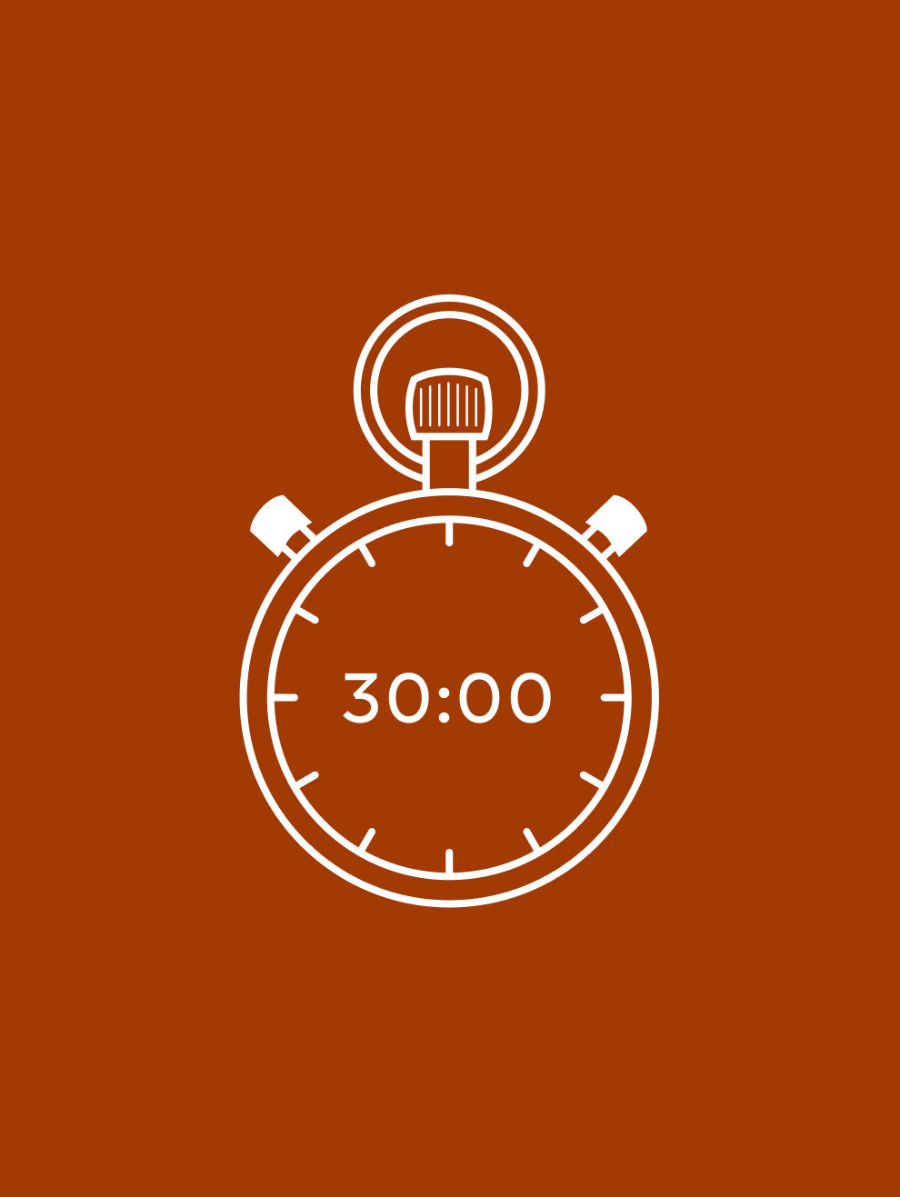 A white outline of a stopwatch on an orange background, showing "30:00" on its face.