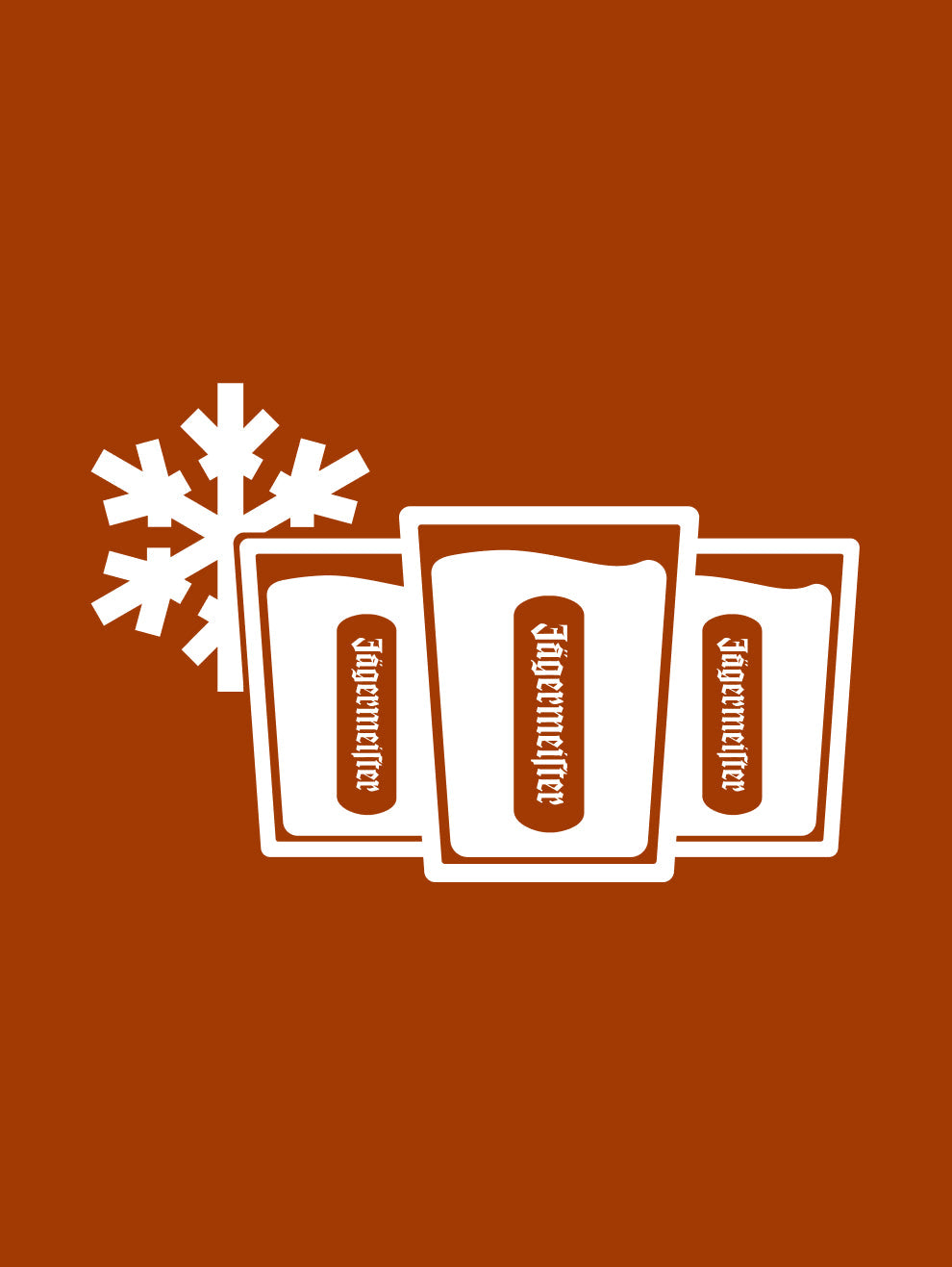 A white snowflake icon appears next to three white glasses with the Jägermeister logo on an orange background, indicating a cold serving temperature.