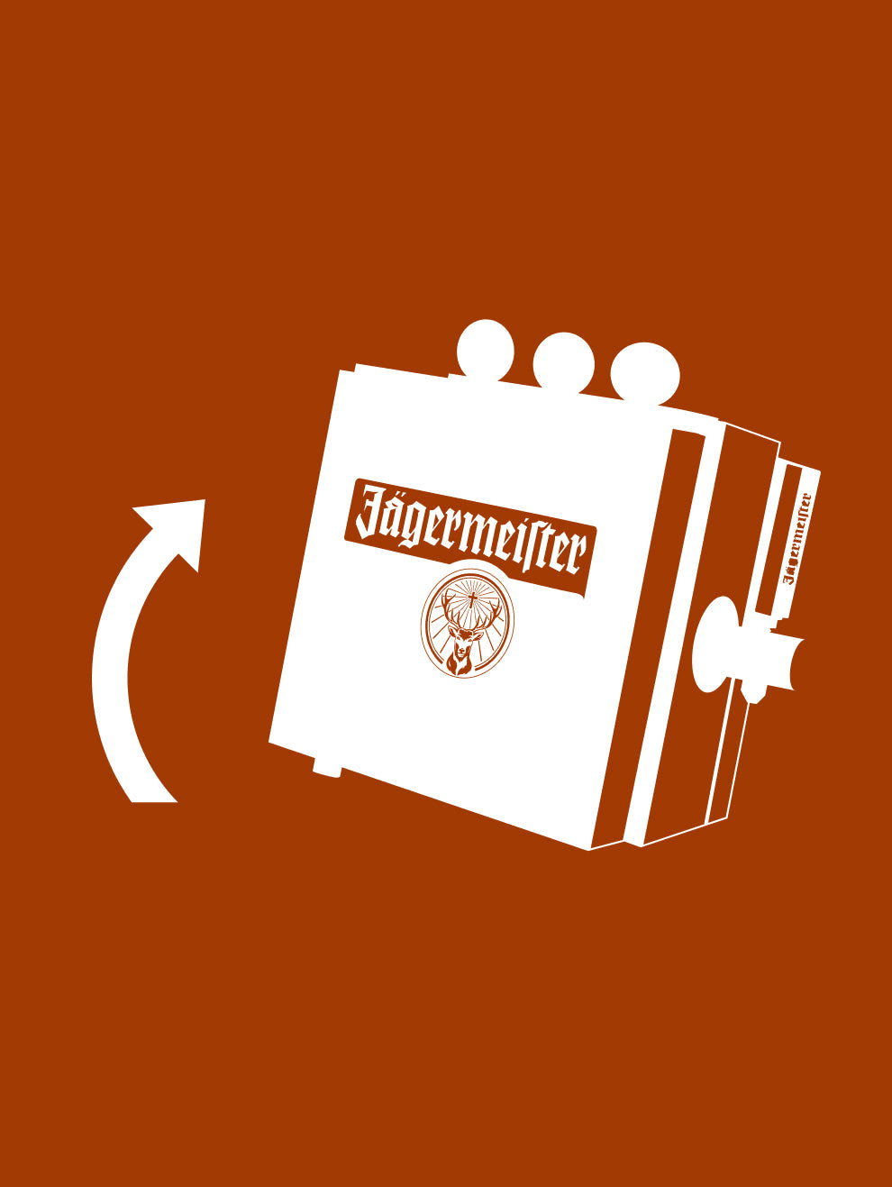 An orange background shows a white diagram of a Jägermeister dispenser, with a curved arrow indicating tilting or rotating it to drain water.