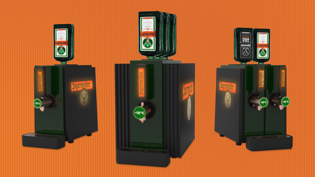 Three views of a dark green and black beverage dispenser machine with digital screens and green circular temperature indicators, set against an orange striped background.